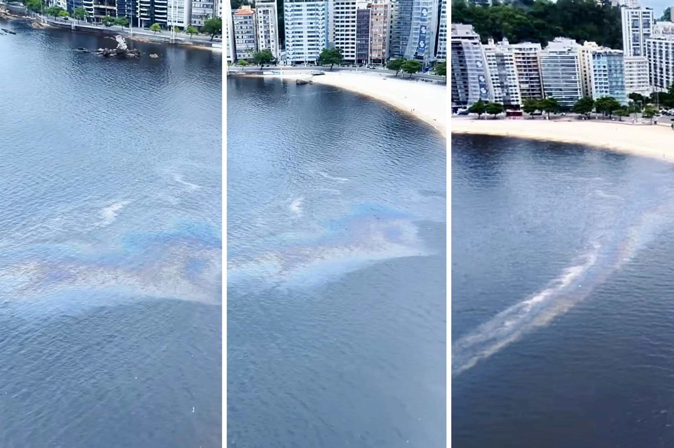 Imagens feitas na orla da Praia de Icaraí mostram a mancha de óleo derramada nas águas da Baía de Guanabara. Foto: Inea