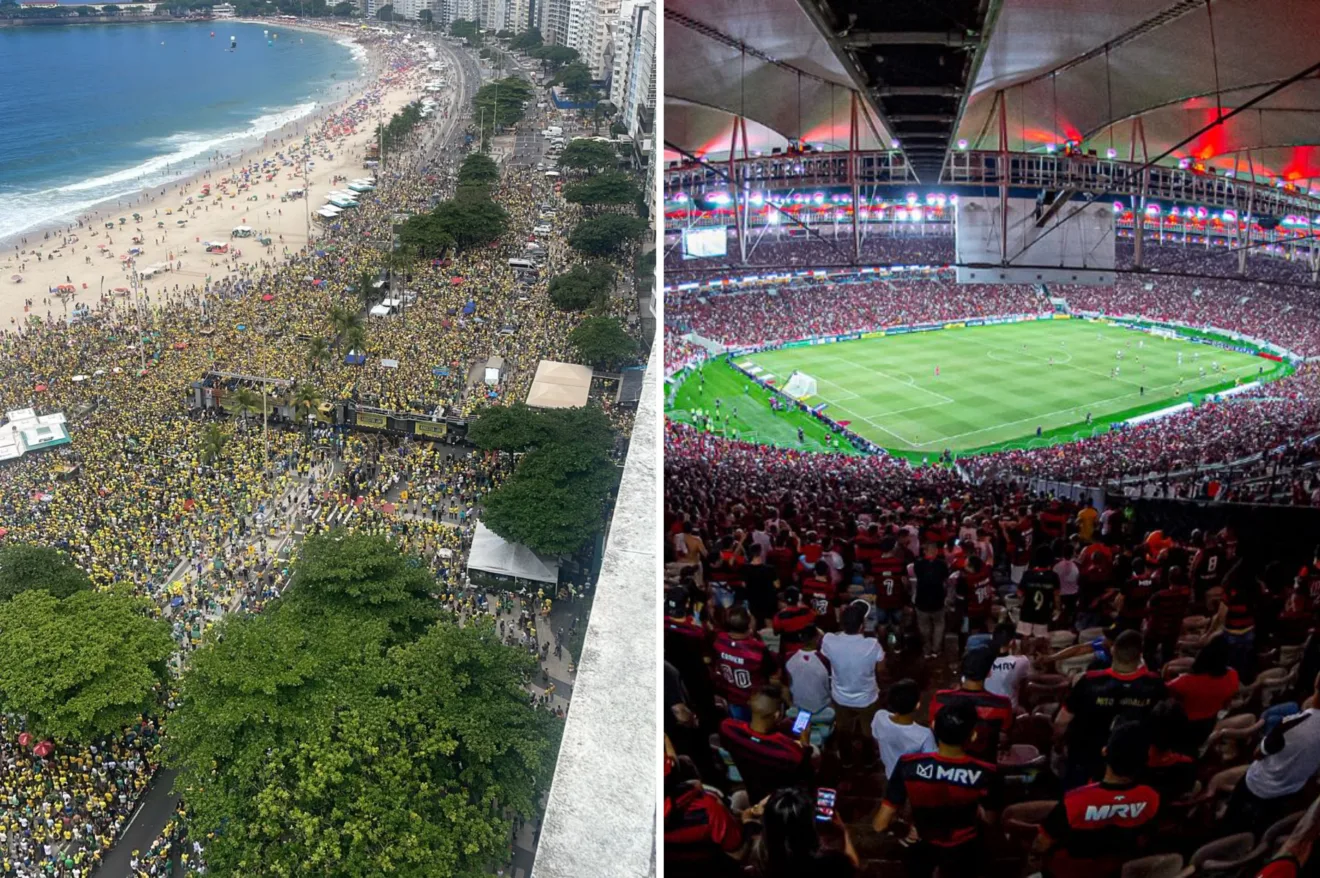 Foto divulgada pela PM do ato do Bolsonaro pela anistia em Copacabana neste domingo (16) e um dia de jogo do Flamengo com o Maracanã cheio. Reprodução Foto divulgada pela PM do ato do Bolsonaro pela anistia em Copacabana neste domingo (16) e um dia de jogo do Flamengo com o Maracanã cheio. Reprodução