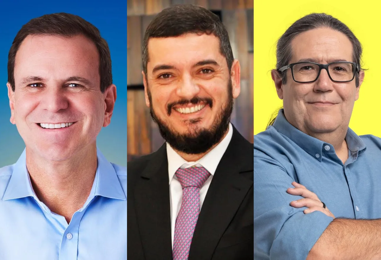 Eduardo Paes (PSD), Rodrigo Bacellar (União Brasil) e Tarcísio Motta (PSOL). Fotos: Divulgação Eduardo Paes (PSD), Rodrigo Bacellar (União Brasil) e Tarcísio Motta (PSOL). Fotos: Divulgação