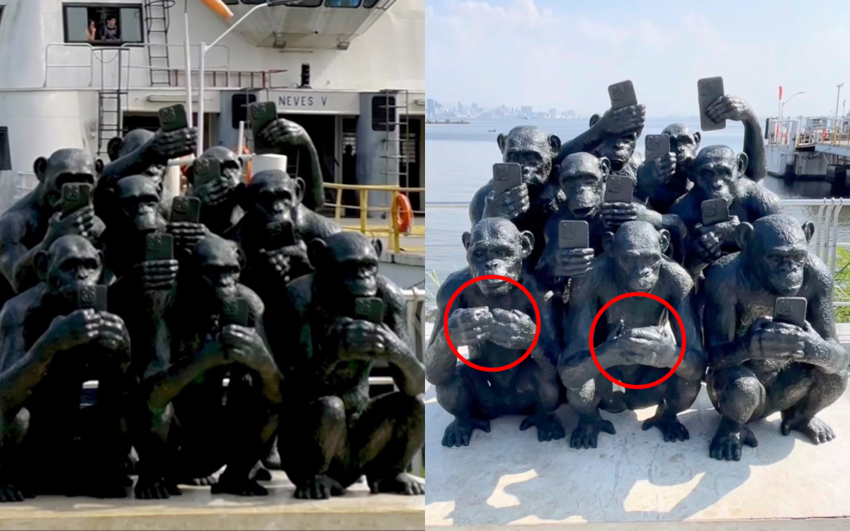 Vandalismo em Niterói: escultura de macacos com celulares é danificada na Praça Arariboia