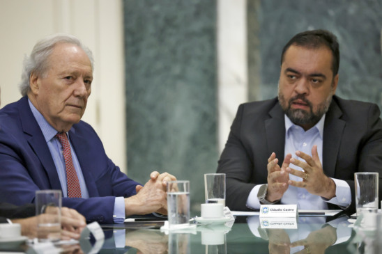 Ministro da Justiça, Ricardo Lewandowski, juntamente com o governador do Rio de Janeiro, Cláudio Castro, durante reunião sobre a ação policial da Operação Contenção, contra o Comando Vermelho. Foto: Fernando Frazão/Agência Brasil
