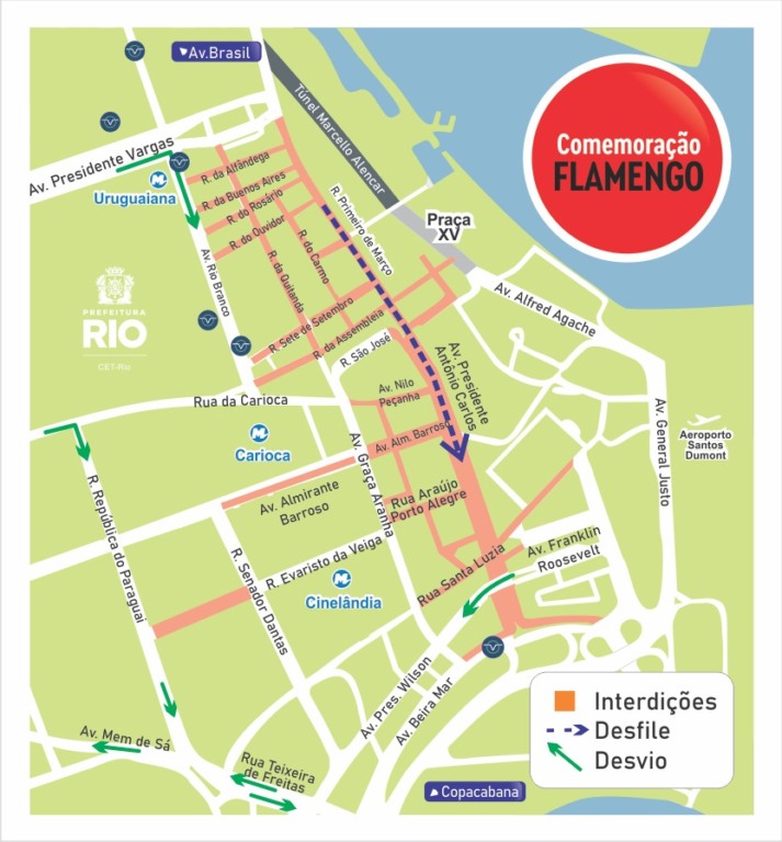 O ponto de partida do trio elétrico será a Rua Primeiro de Março, na altura da Rua Buenos Aires. Arte: CET-Rio