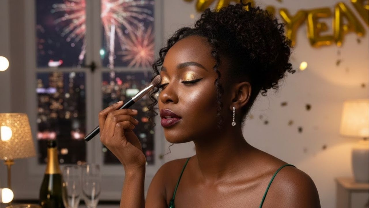Maquiagem para o ano novo com brilhos estratégicos que iluminam o rosto