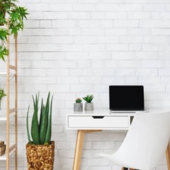 Home office pequeno decorado com plantas em vasos compactos e pendentes, mantendo a funcionalidade do espa&ccedil;o.