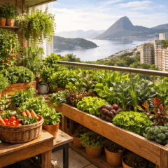 Horta cultivada em varanda de apartamento em Niterói, com hortaliças e ervas plantadas em vasos e canteiros, tendo vista urbana e área verde ao fundo.