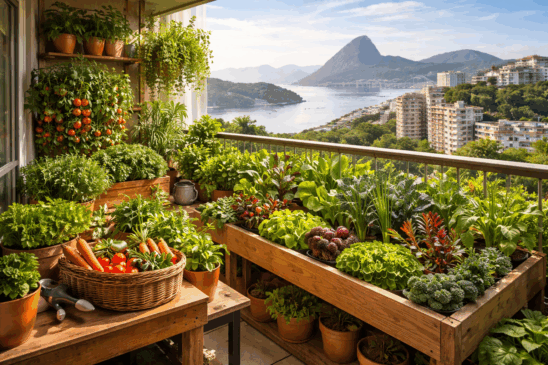 Horta cultivada em varanda de apartamento em Niterói, com hortaliças e ervas plantadas em vasos e canteiros, tendo vista urbana e área verde ao fundo.