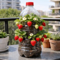 Morango plantado em garrafa pet com folhas verdes e frutos em desenvolvimento em ambiente de apartamento bem iluminado.