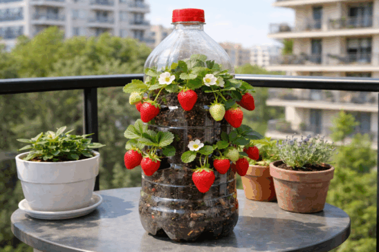 Morango plantado em garrafa pet com folhas verdes e frutos em desenvolvimento em ambiente de apartamento bem iluminado.