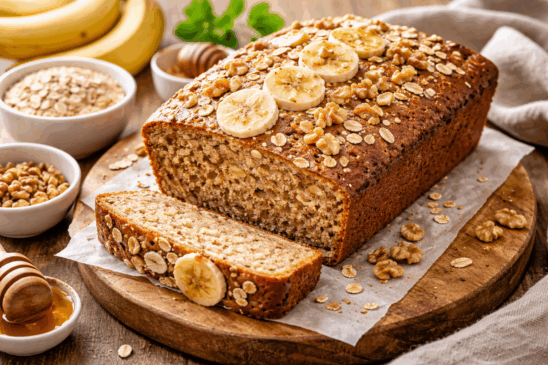 Bolo fit de banana e aveia assado, com textura úmida e aparência caseira, servido em uma forma simples.