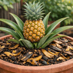 Aplicação de adubo caseiro no solo próximo à base do abacaxi