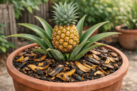 Aplicação de adubo caseiro no solo próximo à base do abacaxi