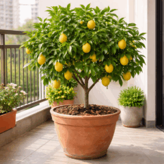 Limoeiro cultivado em vaso grande em varanda de apartamento