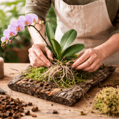 Pessoa fixa orquídea em suporte sem substrato tradicional durante o cultivo.