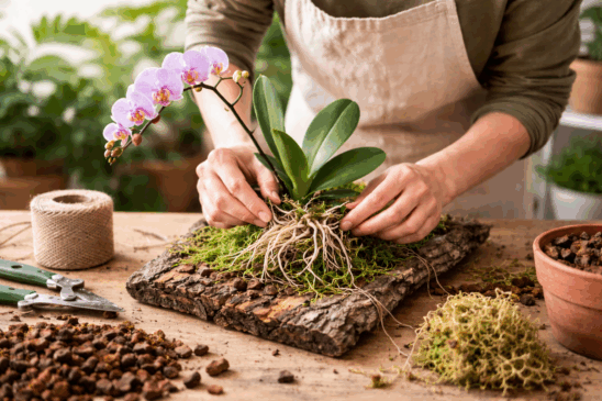 Pessoa fixa orquídea em suporte sem substrato tradicional durante o cultivo.