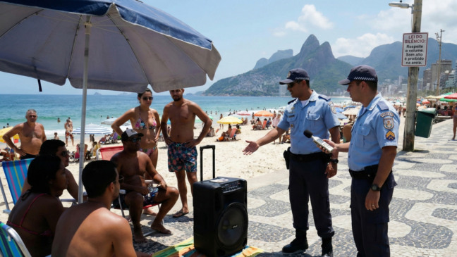 Policiais fiscalizando som de caixas de som em praia do Rio de Janeiro - Imagem ilustrativa