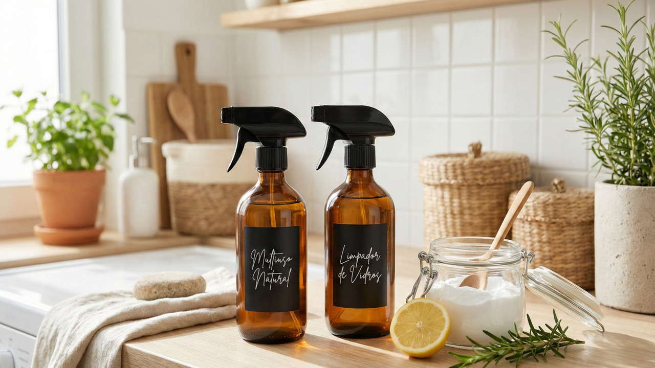 Produtos de limpeza caseiros em frascos