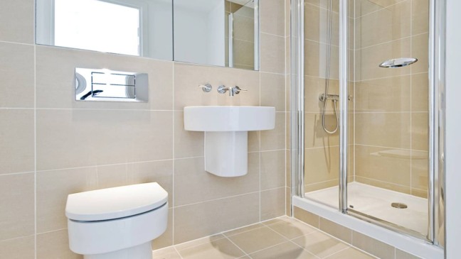 Box do banheiro transparente após limpeza com detergente.