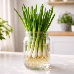 Pote de vidro com cebolinha na água usado como horta simples na cozinha