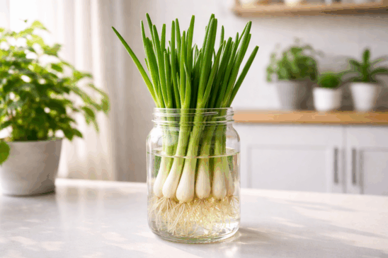Restos de cebolinha rebrotando em copo com água sobre a pia da cozinha