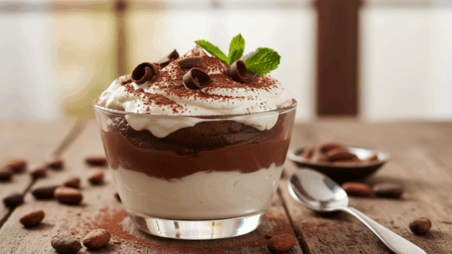 Sobremesa prática de chocolate com creme de leite pronta em poucos minutos